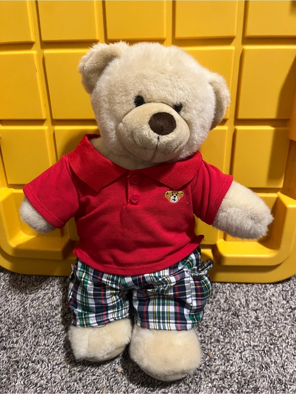 Build-A-Bear Beige Teddy in Red Polo with Green Plaid Shorts